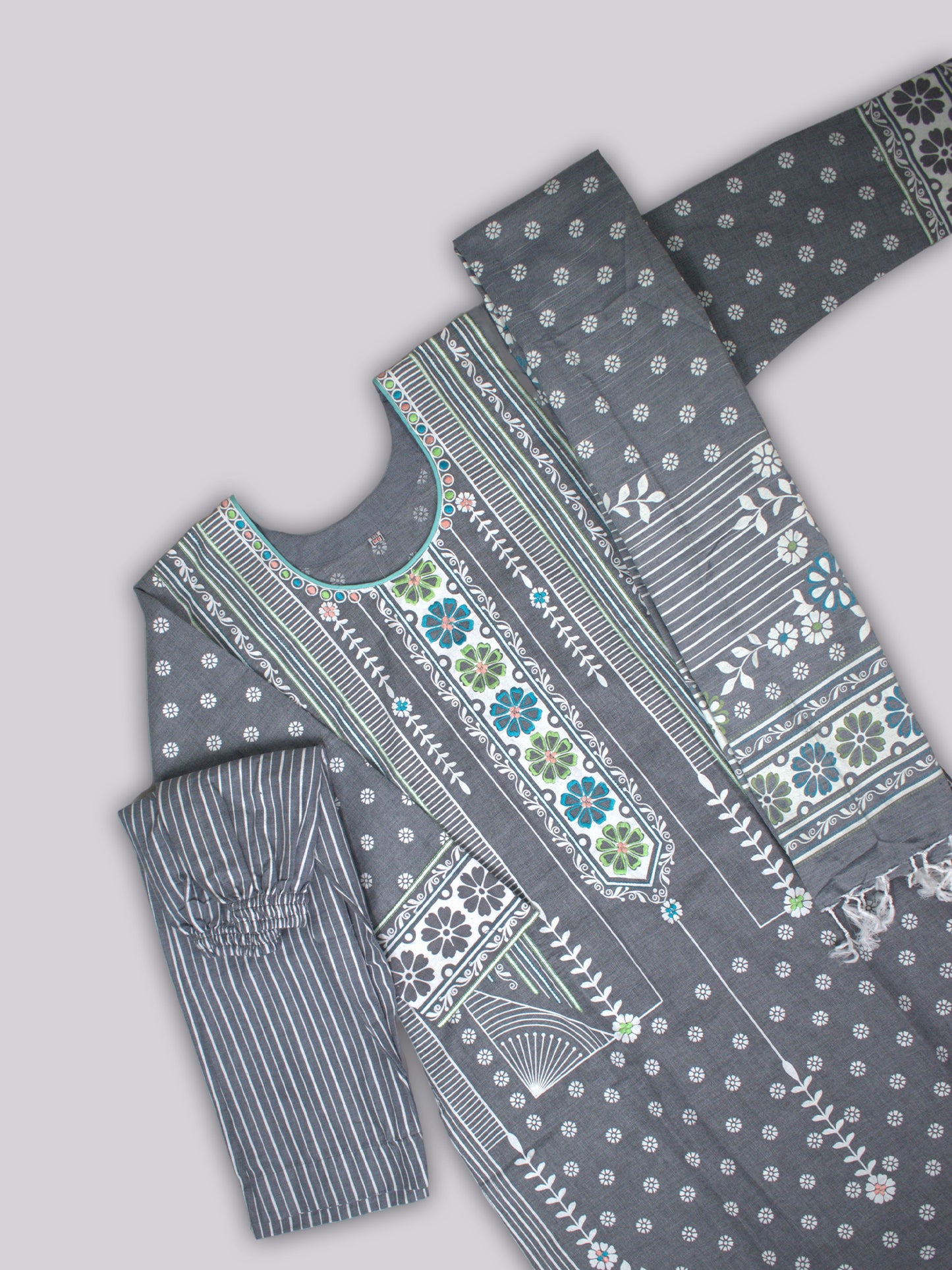 ARAMUN Women’s Grey Floral Printed 3 Piece Salwar Kameez Set