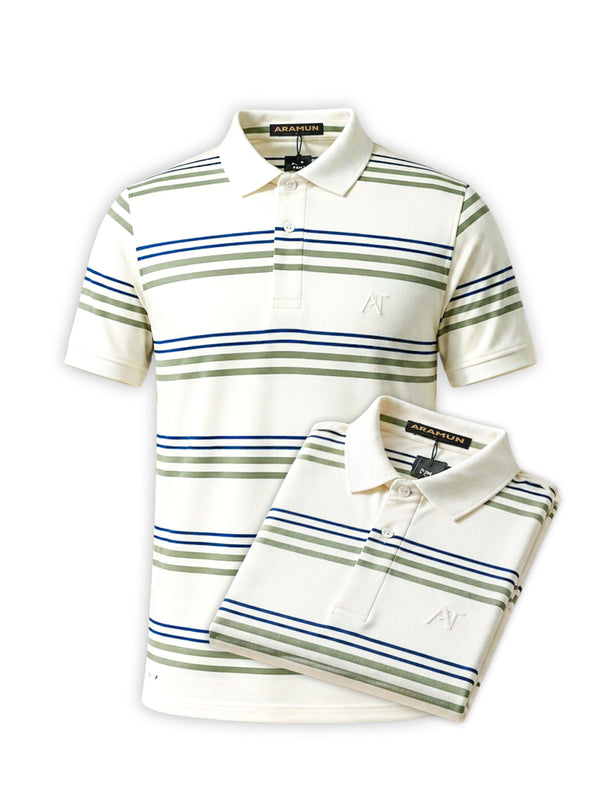ARAMUN Classic Striped Polo Shirt – Ivory Olive Navy
