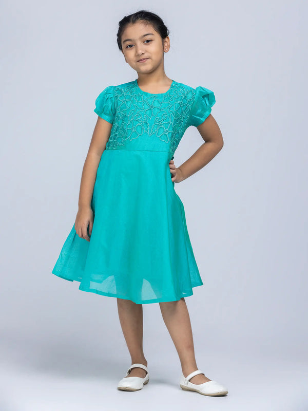 Teal/Green Dual Tone Mixed Fabric Partywear Frock