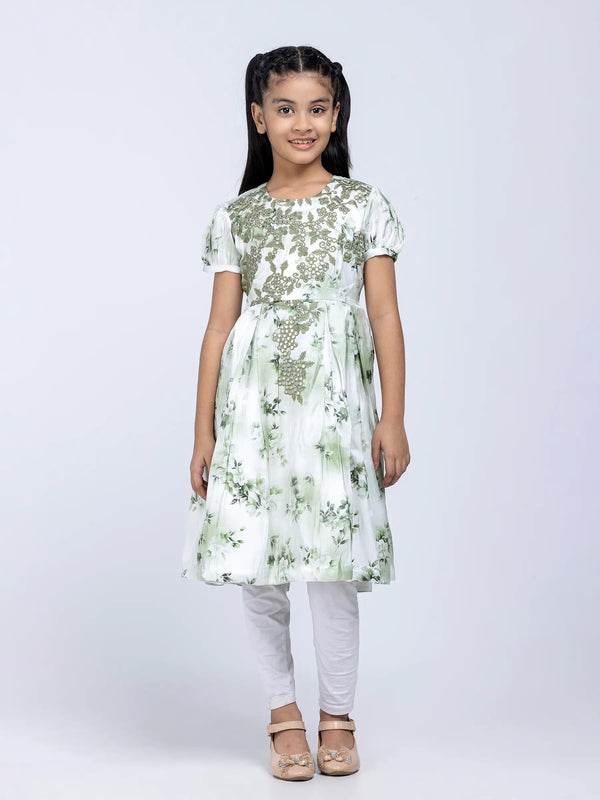 White/Green Printed and Embroidered Mixed Cotton Partywear Frock