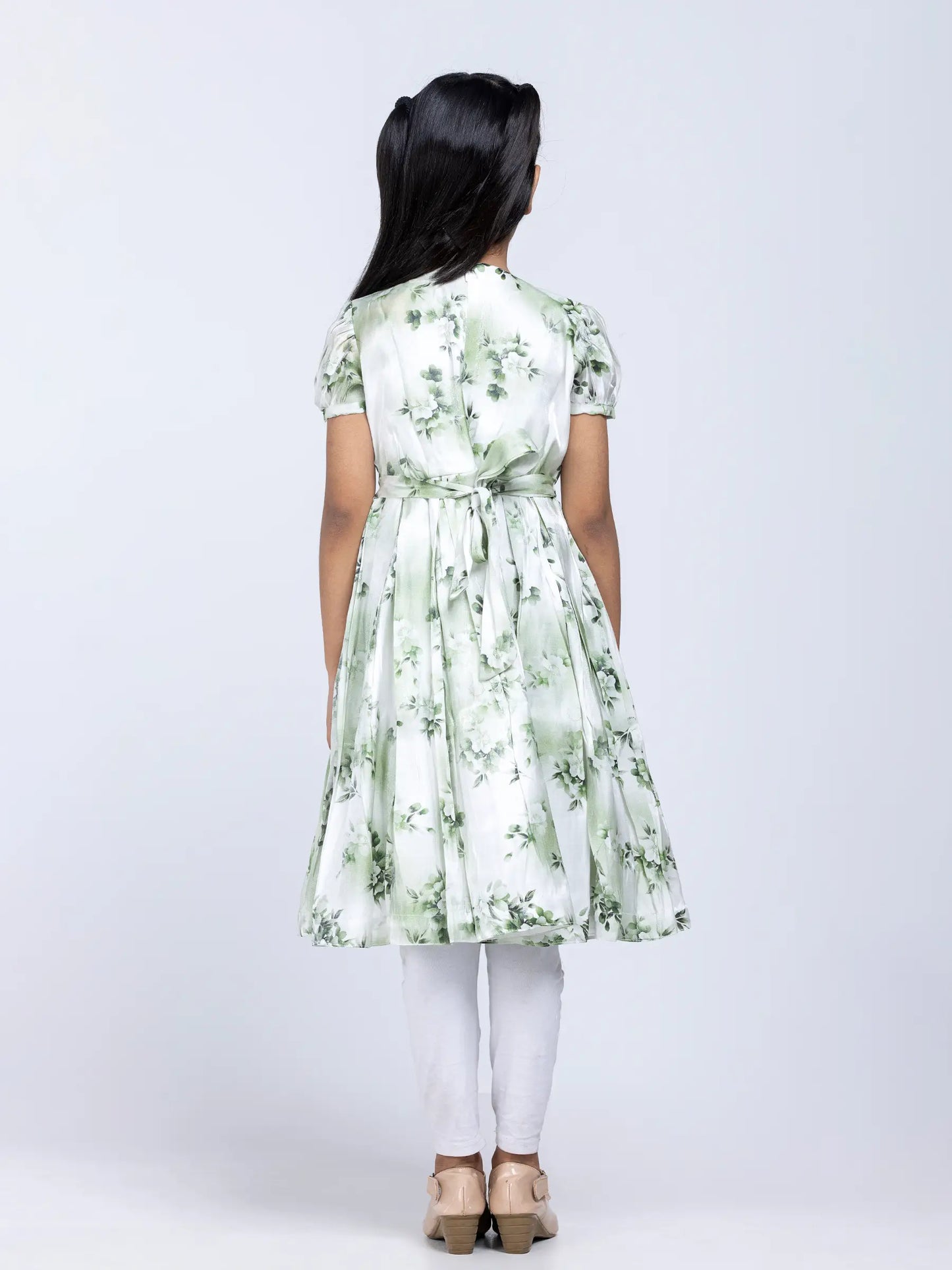 White/Green Printed and Embroidered Mixed Cotton Partywear Frock