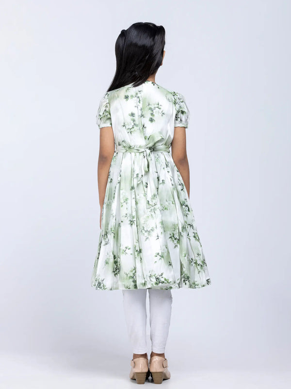 White/Green Printed and Embroidered Mixed Cotton Partywear Frock