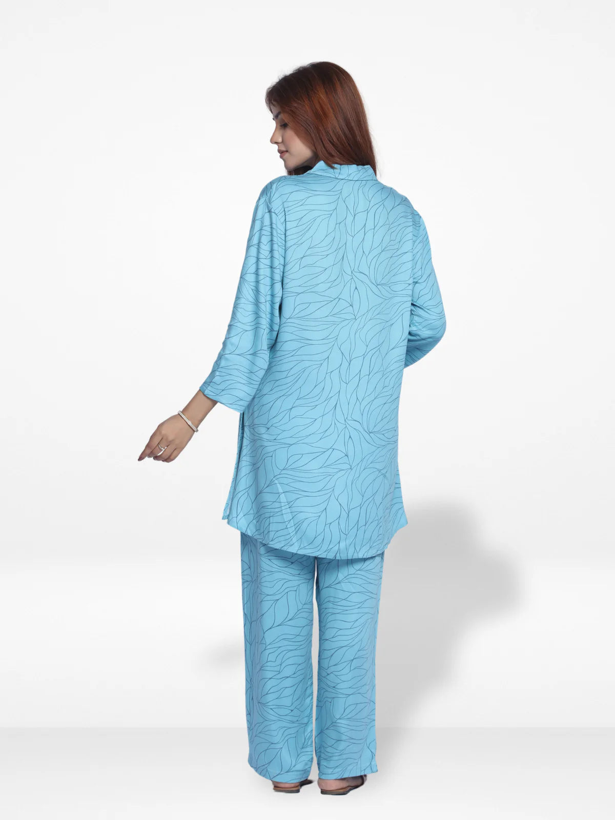 Women Ocean Blue Aop Print Co-Ord Set with Luxury Details