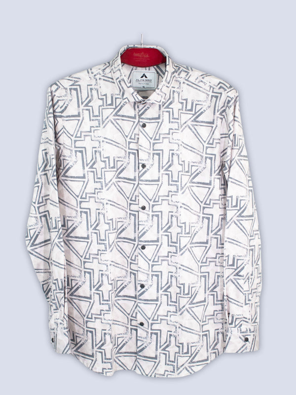 ARAMUN Geometric Line Stretch Shirt – Ivory White Charcoal