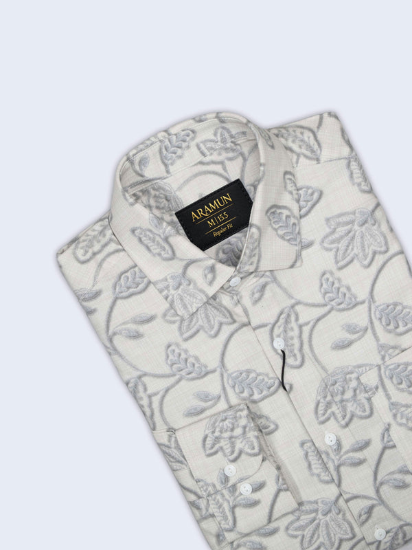 ARAMUN Elegant Floral Cotton Shirt – Off White &amp; Grey