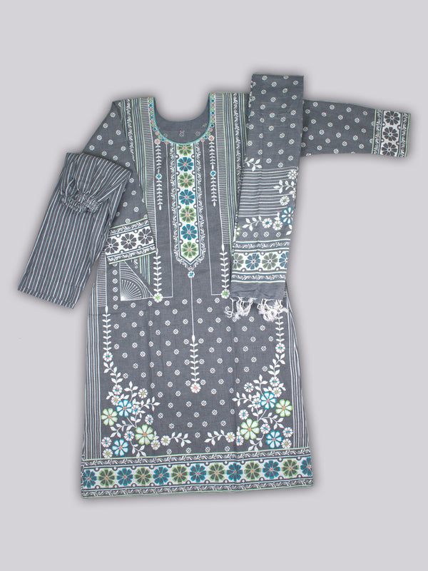 ARAMUN Women’s Grey Floral Printed 3 Piece Salwar Kameez Set