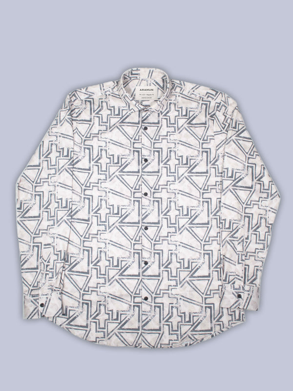 ARAMUN Geometric Line Stretch Shirt – Ivory White Charcoal