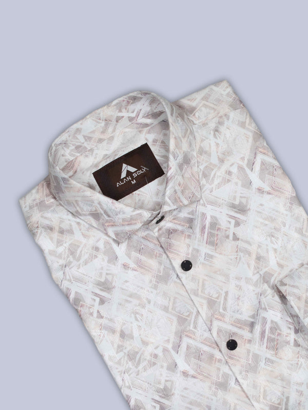 ARAMUN Geometric Textured Stretch Shirt – Off White Ash Beige