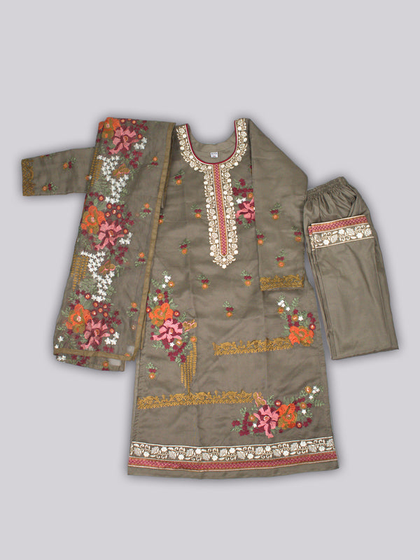 ARAMUN Women’s Olive Embroidered 3 Piece Salwar Kameez Set