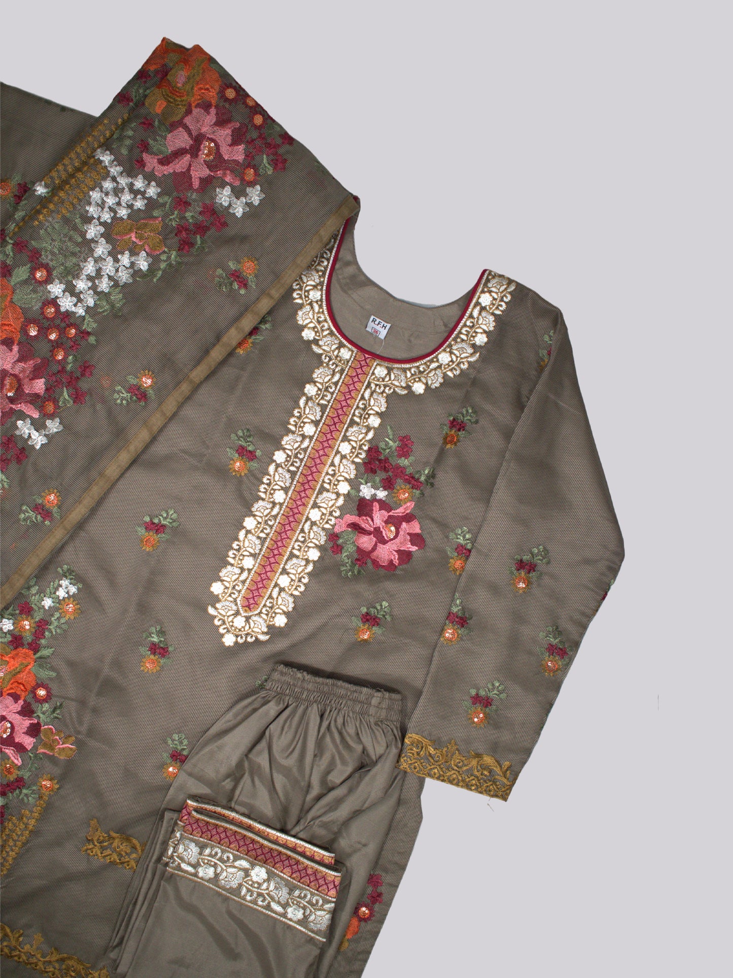 ARAMUN Women’s Olive Embroidered 3 Piece Salwar Kameez Set