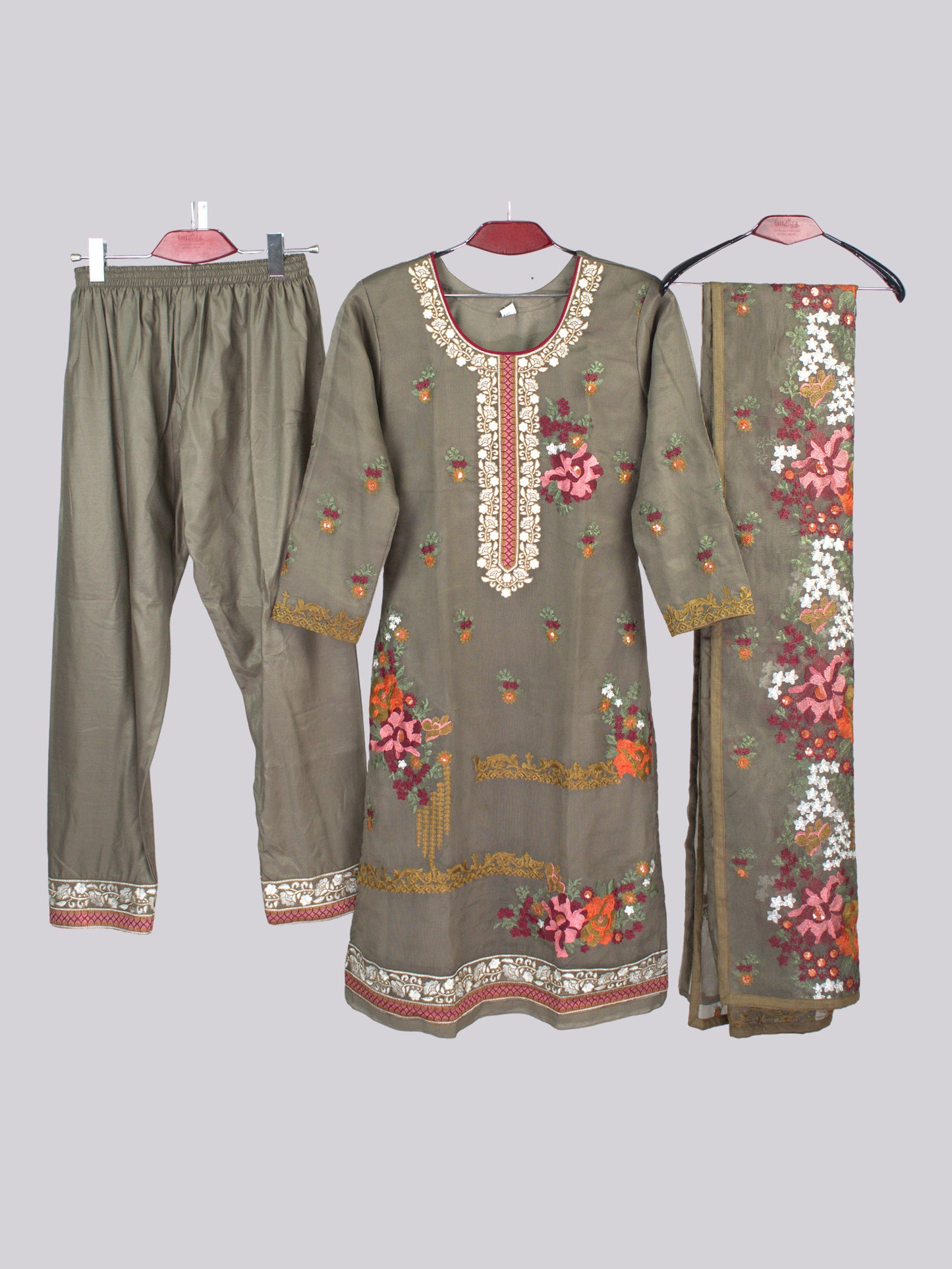 ARAMUN Women’s Olive Embroidered 3 Piece Salwar Kameez Set