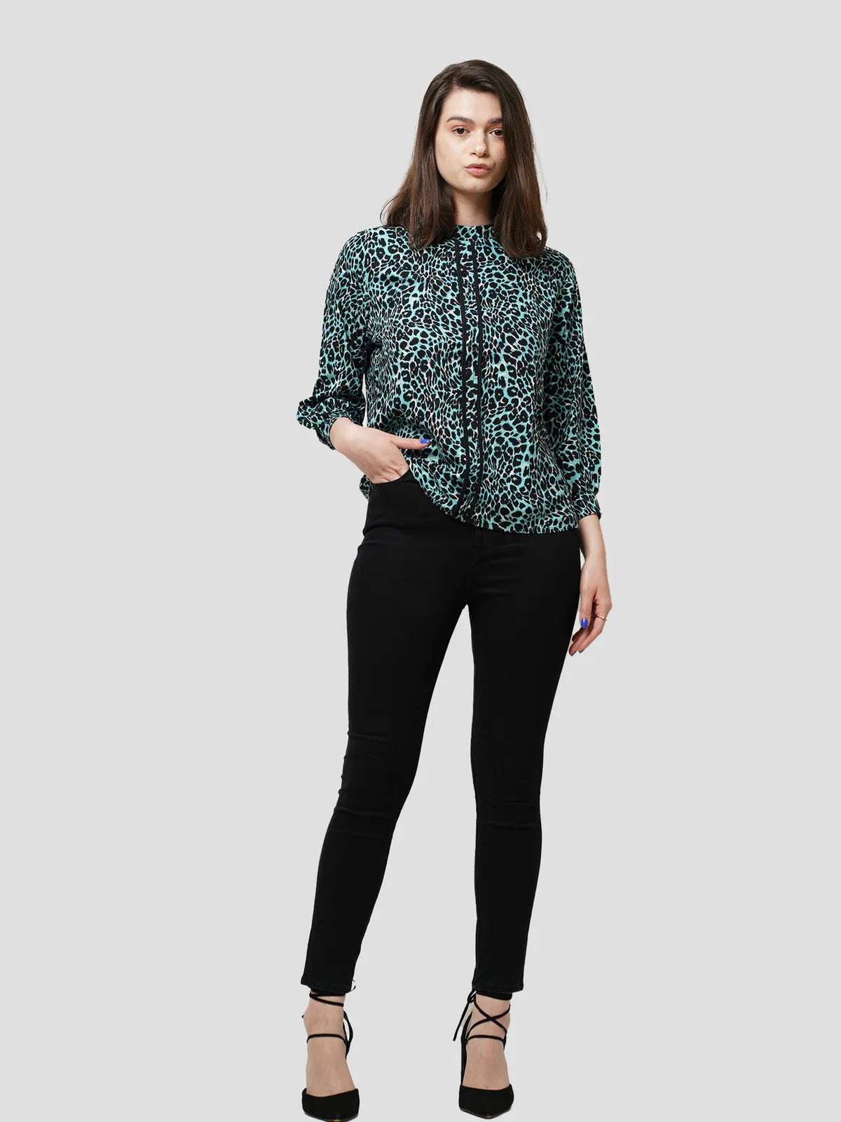 Women Green Animal Print Long Sleeve Shirt on Crape Fabrics