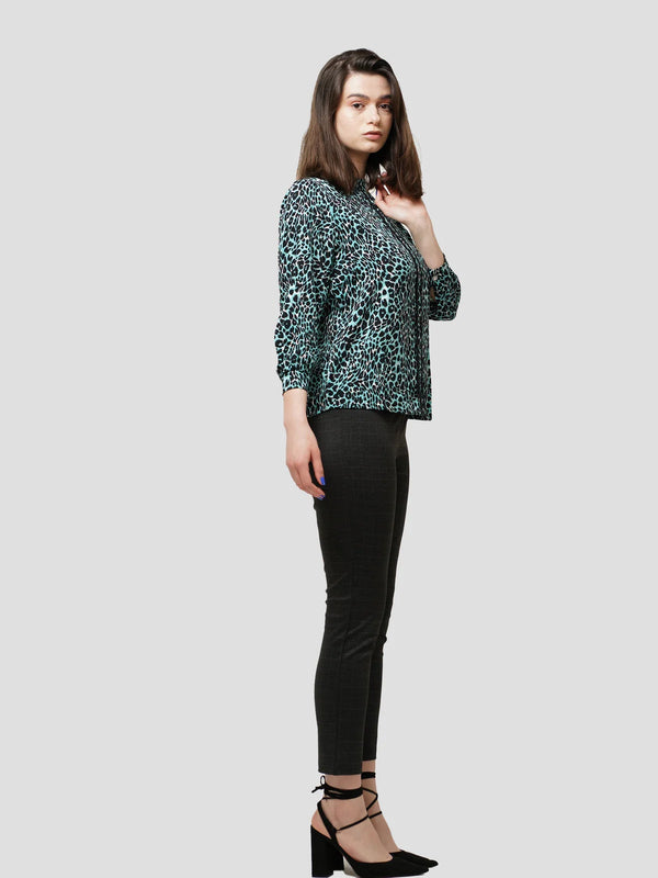 Women Green Animal Print Long Sleeve Shirt on Crape Fabrics